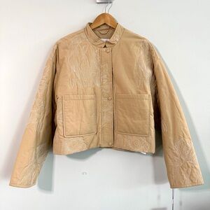 Avec Les Filles Embroidered Cropped Ivory/Tan Floral Quilted Womens Jacket Large